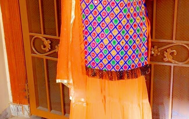Traditional Mirror Work Shirt with Orange Sharara and Dupatta (Traditional Mirror Work Kurti with Orange Sharara and Dupatta)