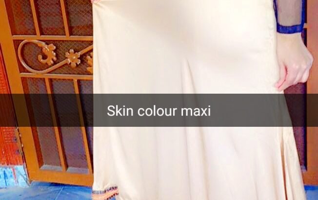 Elegant Skin Color Silk Maxi Gown with Black Net Sleeves