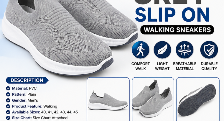 Mens Grey slip on walking sneakers