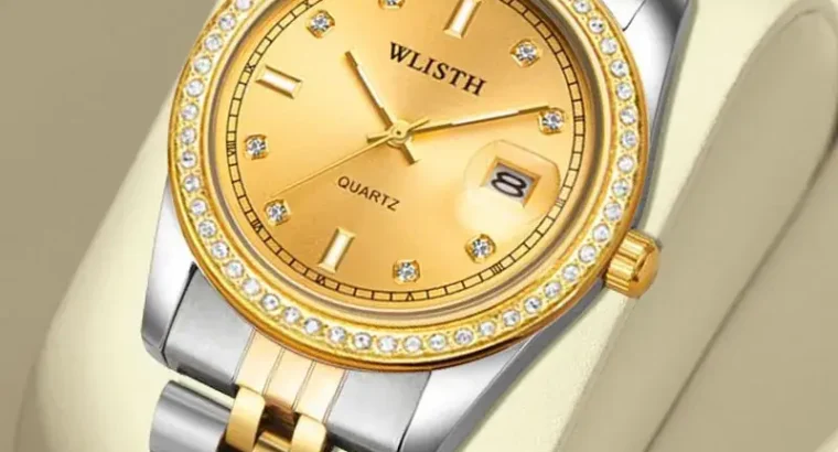 Men’s Gold Steel Band Quartz Watch with Date Display