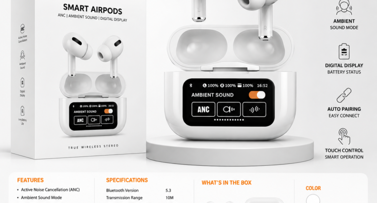 🎧 Premium Smart AirPods – ANC + Ambient Sound + Digital Display! 🔥