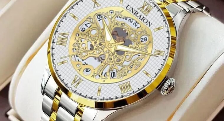 Unraion Skeleton Watch Stainless Steel Gold Accents
