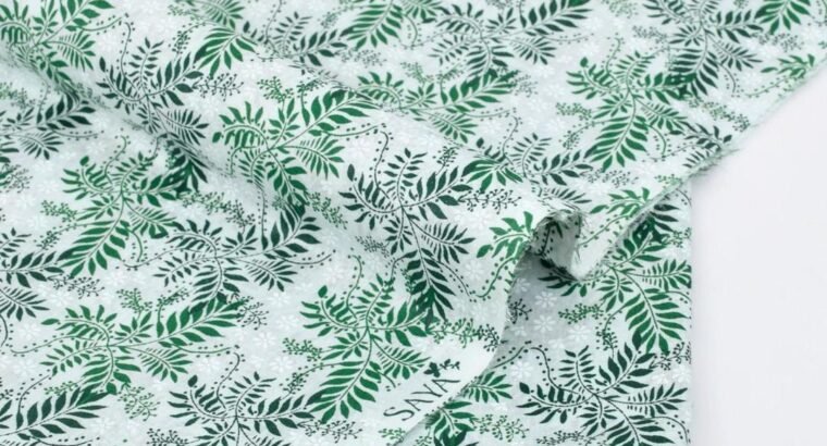 Green White Leaf Printed Lawn Fabric 2 Pc